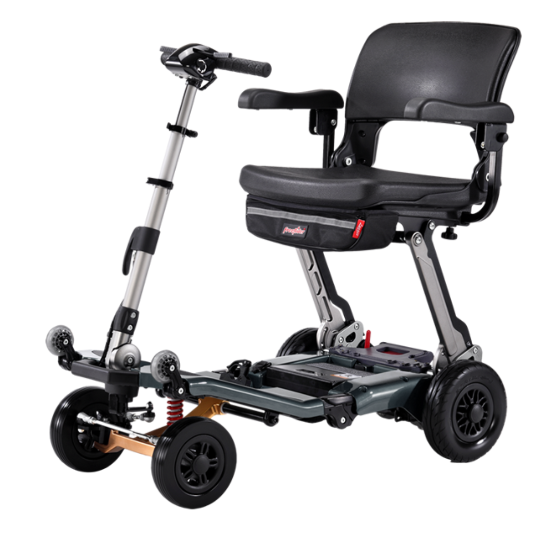 The FreeRider Luggie Super Plus 4 Travel Scooter is a compact, foldable mobility scooter with a cushioned seat, armrests, and four wheels—lightweight and portable for travel or everyday use.