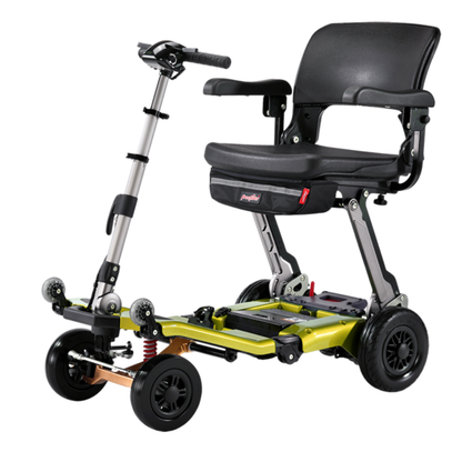 The FreeRider Luggie Super Plus 4 Travel Scooter is a foldable, compact mobility scooter featuring a green frame, black seat, and armrests—engineered for easy transport and everyday independence.