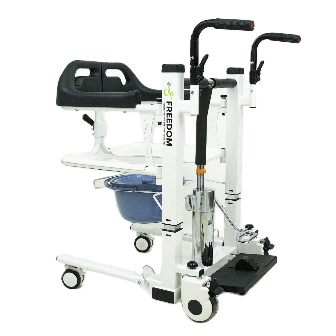 The Freedom Boost Patient Transfer Lift enables sling-free transfers to a white commode chair with wheels, armrests, footrest, and a removable blue potty bucket—ideal for easy, assisted toileting and enhanced mobility.