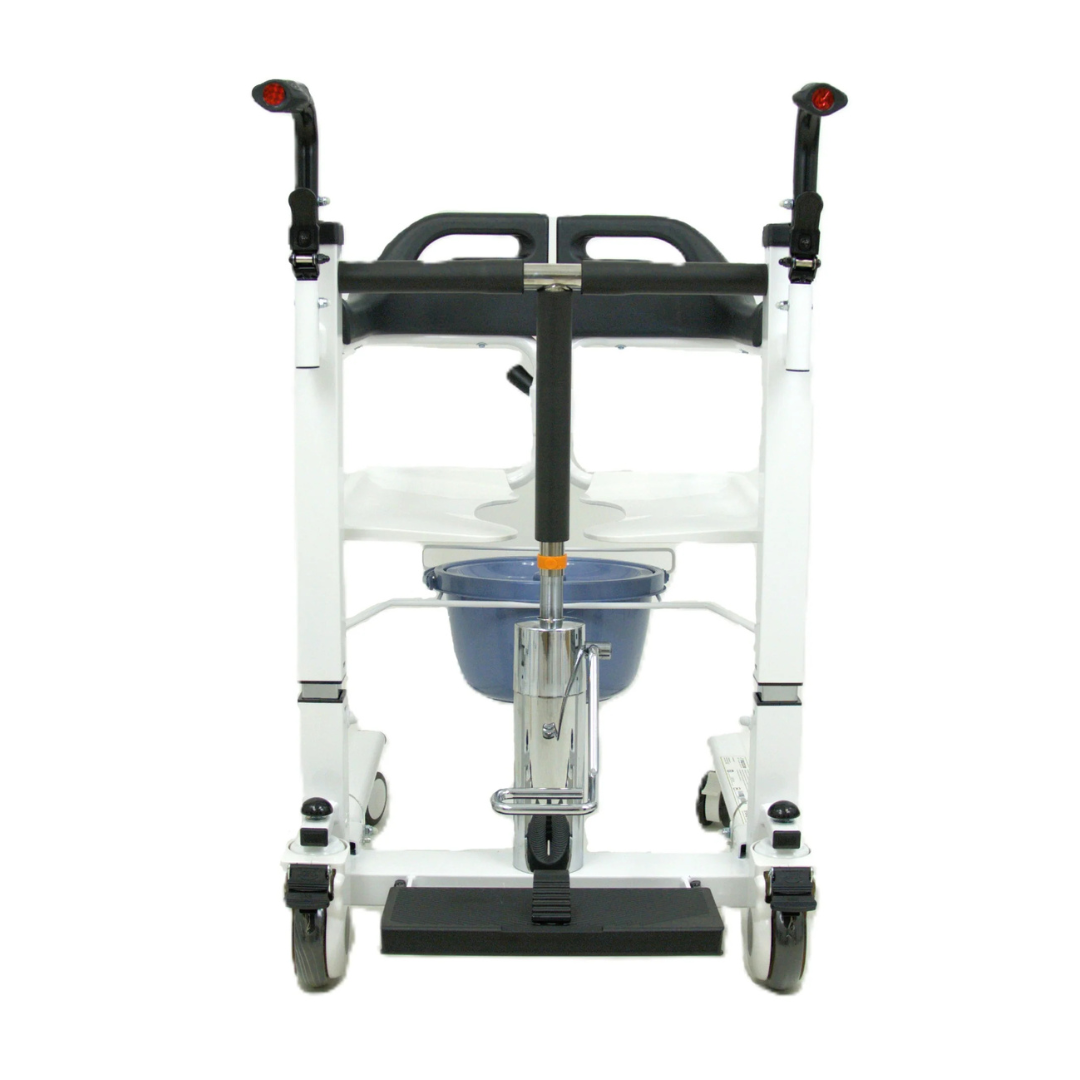 Front view of the Freedom Boost Patient Transfer Lift – Sling Free Transfers, featuring handles, footrests, and a blue bucket beneath the seat for sling-free patient movement or transport.