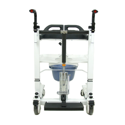 Front view of the Freedom Boost Patient Transfer Lift – Sling Free Transfers, featuring handles, footrests, and a blue bucket beneath the seat for sling-free patient movement or transport.