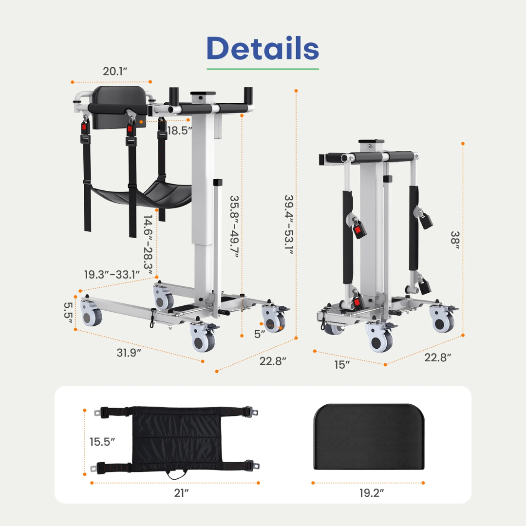 Two images display the Freedom EveryLift Powered Sling Seat Patient Lift – Portable from the front and side with detailed measurements. Below, harness and cushion sizes are shown. Features include wheels, handles, black padding, sling seat, and adjustability.