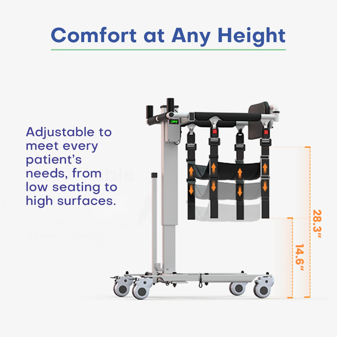 The Freedom EveryLift Powered Sling Seat Patient Lift—Portable offers adjustable height from 14.6 to 28.3 inches, supportive straps, and wheels for easy handling. Comfort at any height, adaptable for every patients needs from low seating to high surfaces.