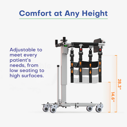 The Freedom EveryLift Powered Sling Seat Patient Lift—Portable offers adjustable height from 14.6 to 28.3 inches, supportive straps, and wheels for easy handling. Comfort at any height, adaptable for every patients needs from low seating to high surfaces.