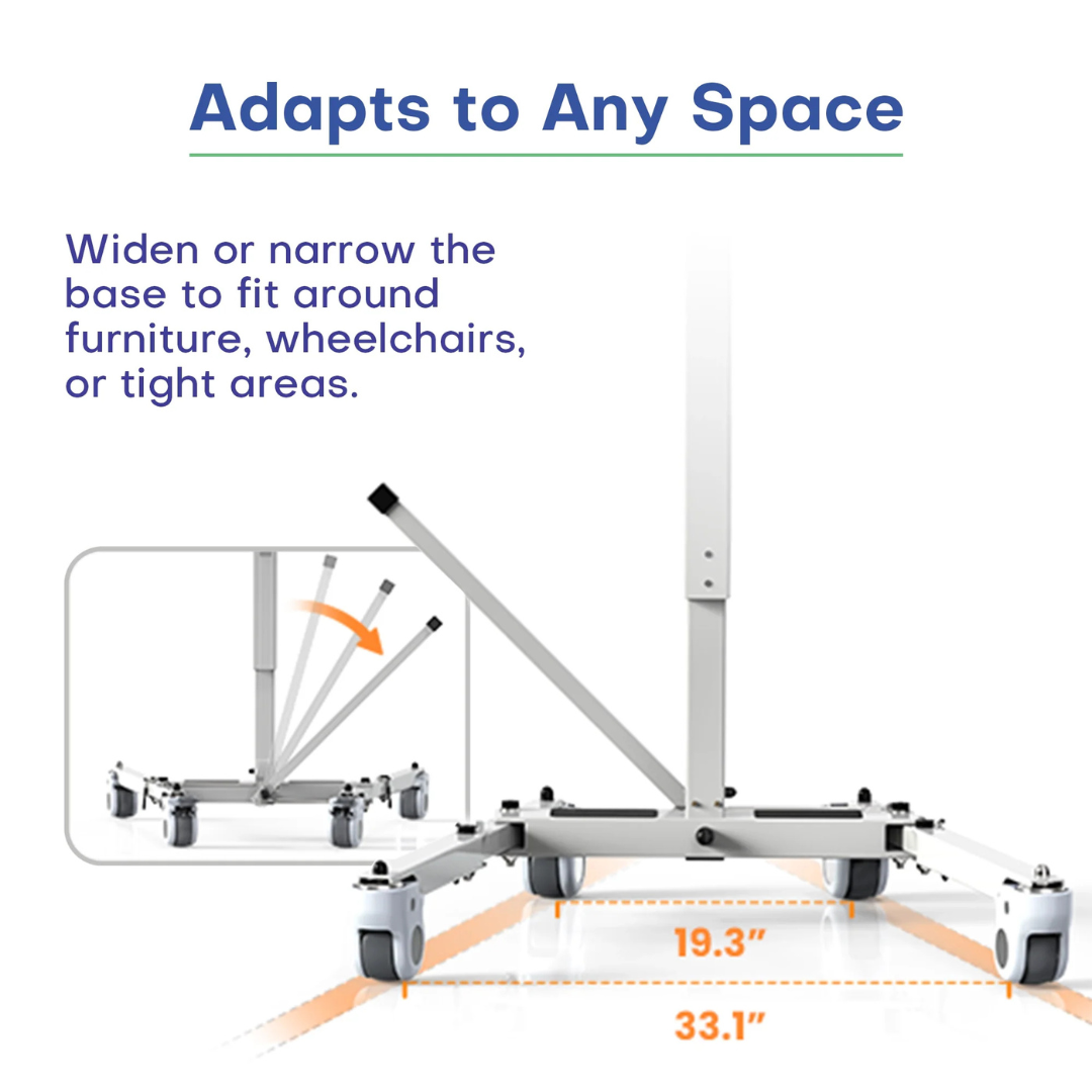 The Freedom EveryLift Powered Sling Seat Patient Lift - Portable features an adjustable base that widens from 19.3 to 33.1, easily fitting around furniture, wheelchairs, and in tight spaces. Text reads: Adapts to Any Space.