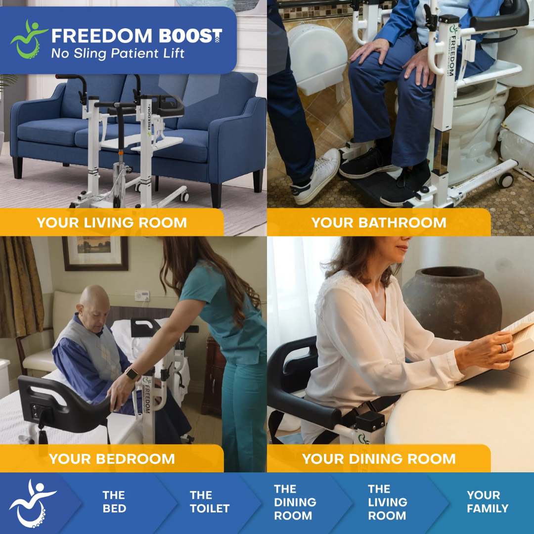 A collage features the Freedom Boost Patient Transfer Lift – Sling Free Transfers in the living room, bathroom, bedroom, and dining room, highlighting its versatile mobility support throughout the home.