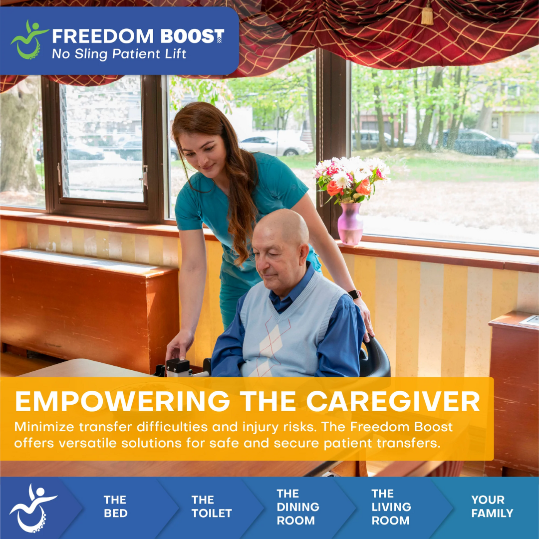 A young caregiver helps an older man in a wheelchair near a window. The Freedom Boost Patient Transfer Lift – Sling Free Transfers ensures safer, no-sling moving between bed, toilet, dining room, living room, and during family care.