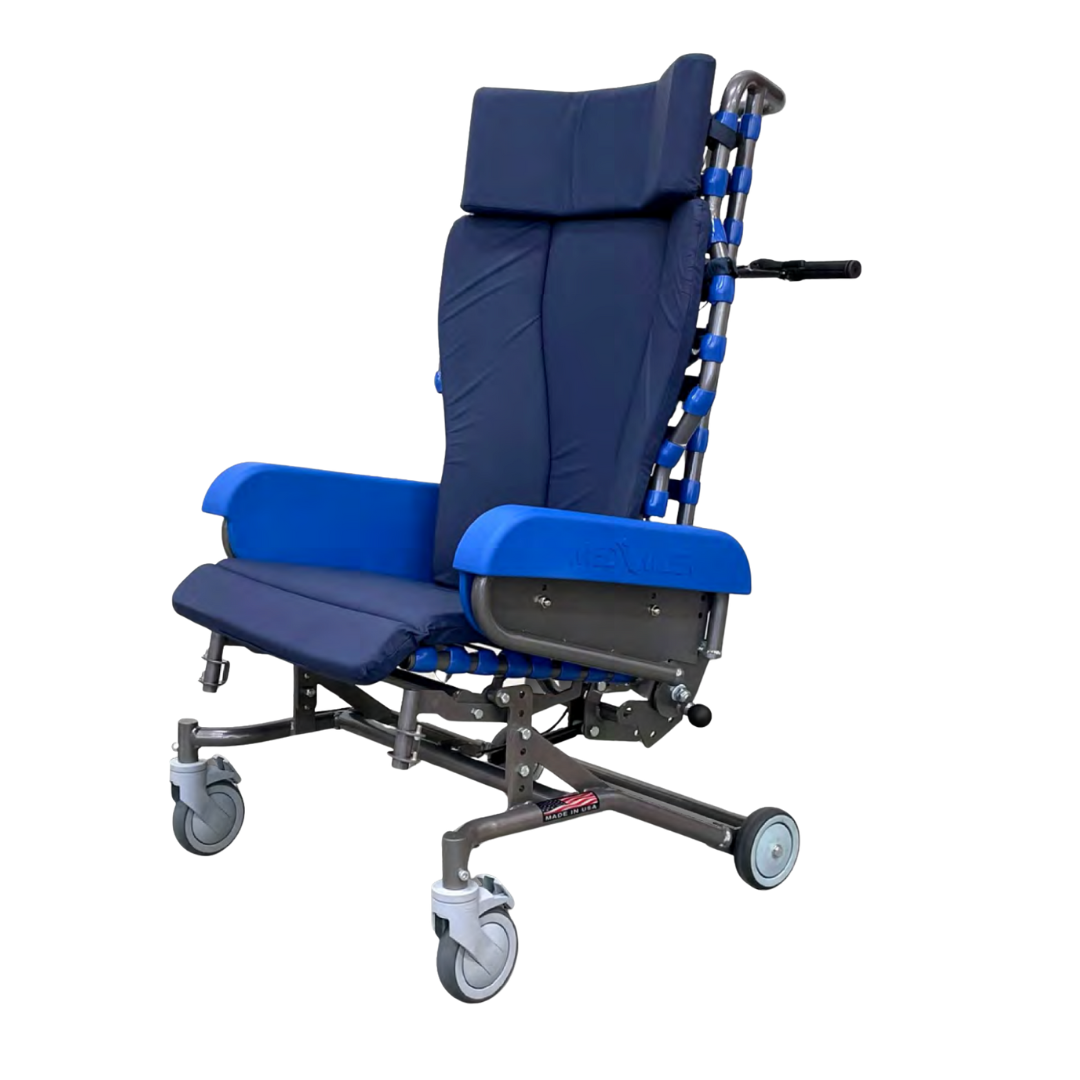 The Med-Mizer FLEXTILT Reclining Transfer Chair features blue cushions, a high backrest, side supports, padded adjustable tilt-in-space seating, and four caster wheels to provide patient comfort and improved mobility support.
