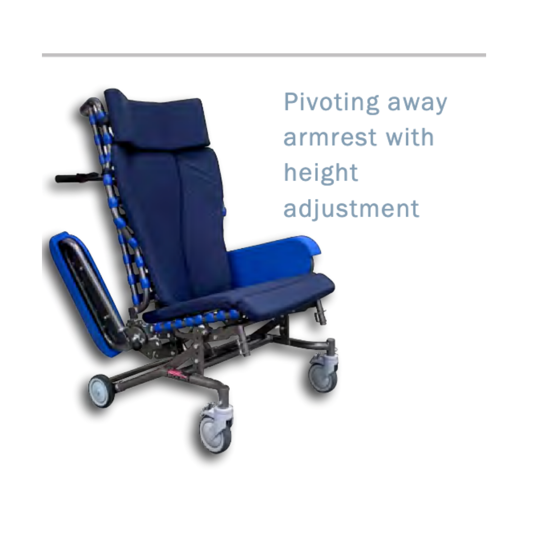 The Med-Mizer FLEXTILT Reclining Transfer Chair, in blue, features height adjustment and a pivoting armrest for mobility support. Displayed on a white background with text highlighting its armrest functionality.