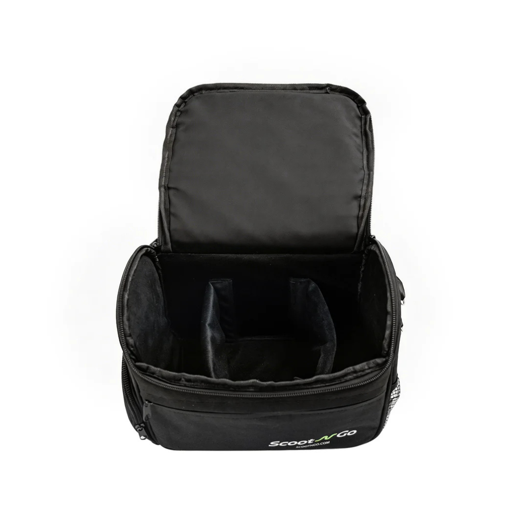 A sleek black Front Basket Bag/Battery Bag for ScootNgo Lite/Voyager, featuring divided compartments and mesh side pockets with the Scooter N GO logo on the front—crafted from durable Oxford cloth, this storage accessory is perfect for keeping essentials organized and within reach on your ScootNGo scooter.