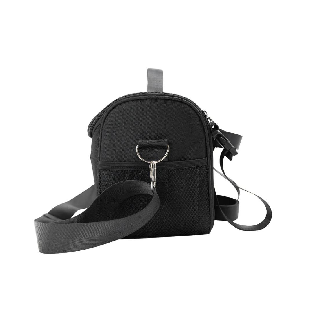Compact black Front Basket Bag/Battery Bag designed for the ScootNgo Lite or Voyager, featuring a zippered top, front mesh pocket, metal ring, and adjustable strap. Crafted from durable Oxford cloth and displayed against a white background, this versatile bag is perfect as a scooter accessory or for carrying your everyday essentials.