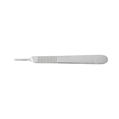 A Medline Fürst Knife Scalpel Handle with a stainless steel, textured grip and pointed blade is displayed against a white background, highlighting its durability.