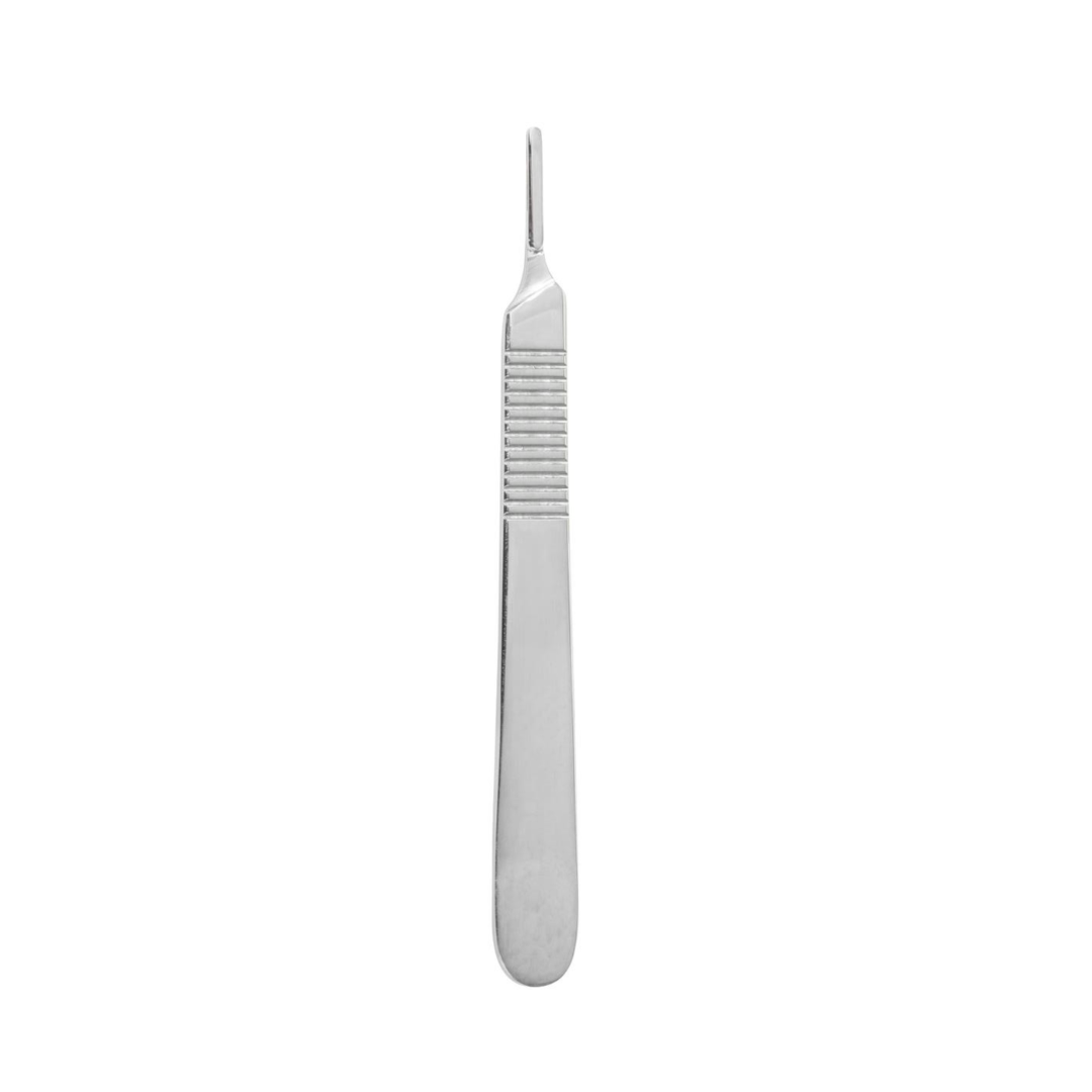 The Medline Fürst Knife Scalpel Handle is a stainless steel surgical handle with a textured grip and a small, straight blade, shown isolated on a white background.