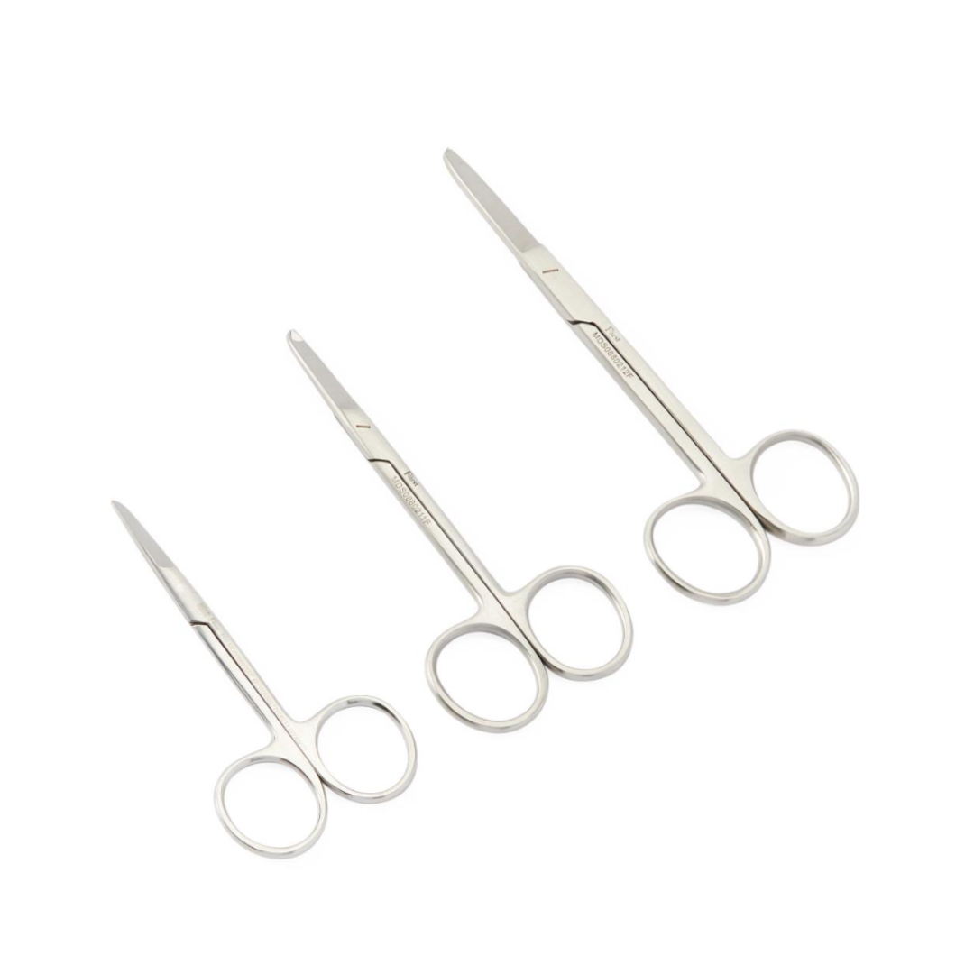 Three pairs of Medline Fürst Spencer Suture Scissors, precision stainless steel suture scissors in small, medium, and large sizes, are displayed side by side on a white background.