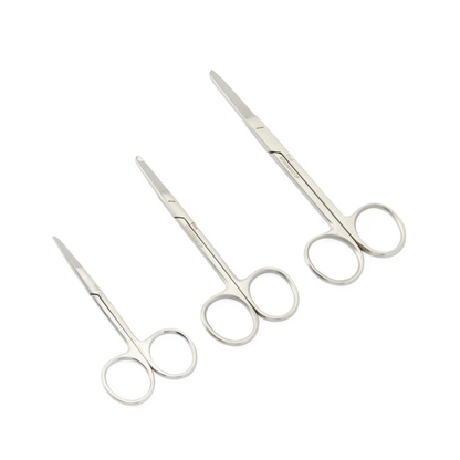 Three pairs of Medline Fürst Spencer Suture Scissors, precision stainless steel suture scissors in small, medium, and large sizes, are displayed side by side on a white background.