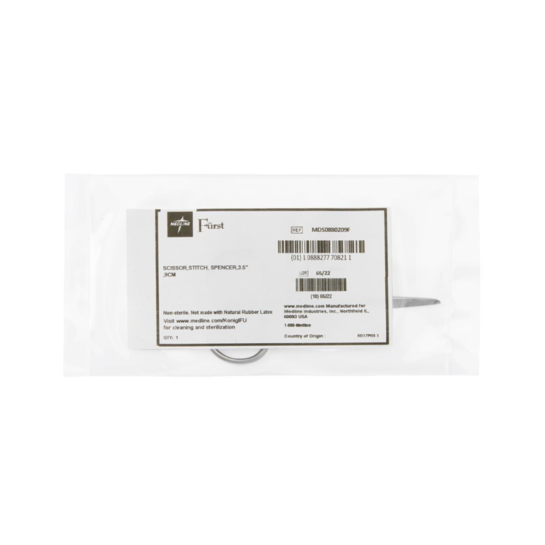 A pair of Medline Fürst Spencer Suture Scissors, visibly sealed in a clear sterile package with a white label displaying product details, barcodes, and text.