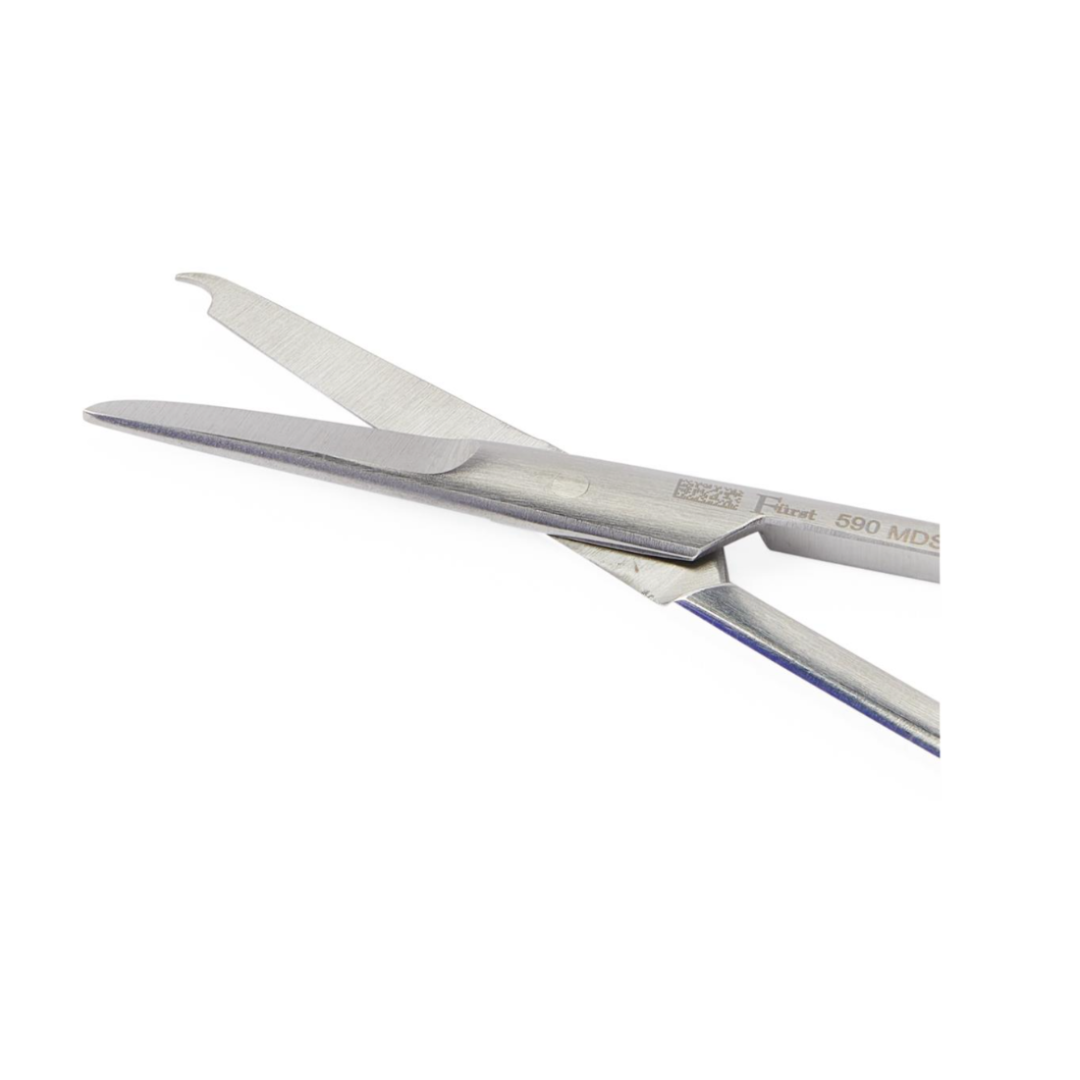 Close-up of Medline Fürst Spencer Suture Scissors with blunt tips and angled blades, ideal for safely cutting bandages or removing surgical stitches without harming the skin.