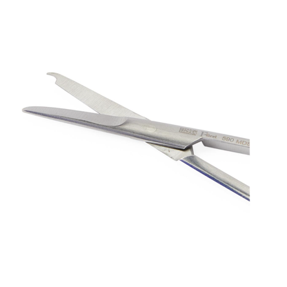 Close-up of Medline Fürst Spencer Suture Scissors with blunt tips and angled blades, ideal for safely cutting bandages or removing surgical stitches without harming the skin.