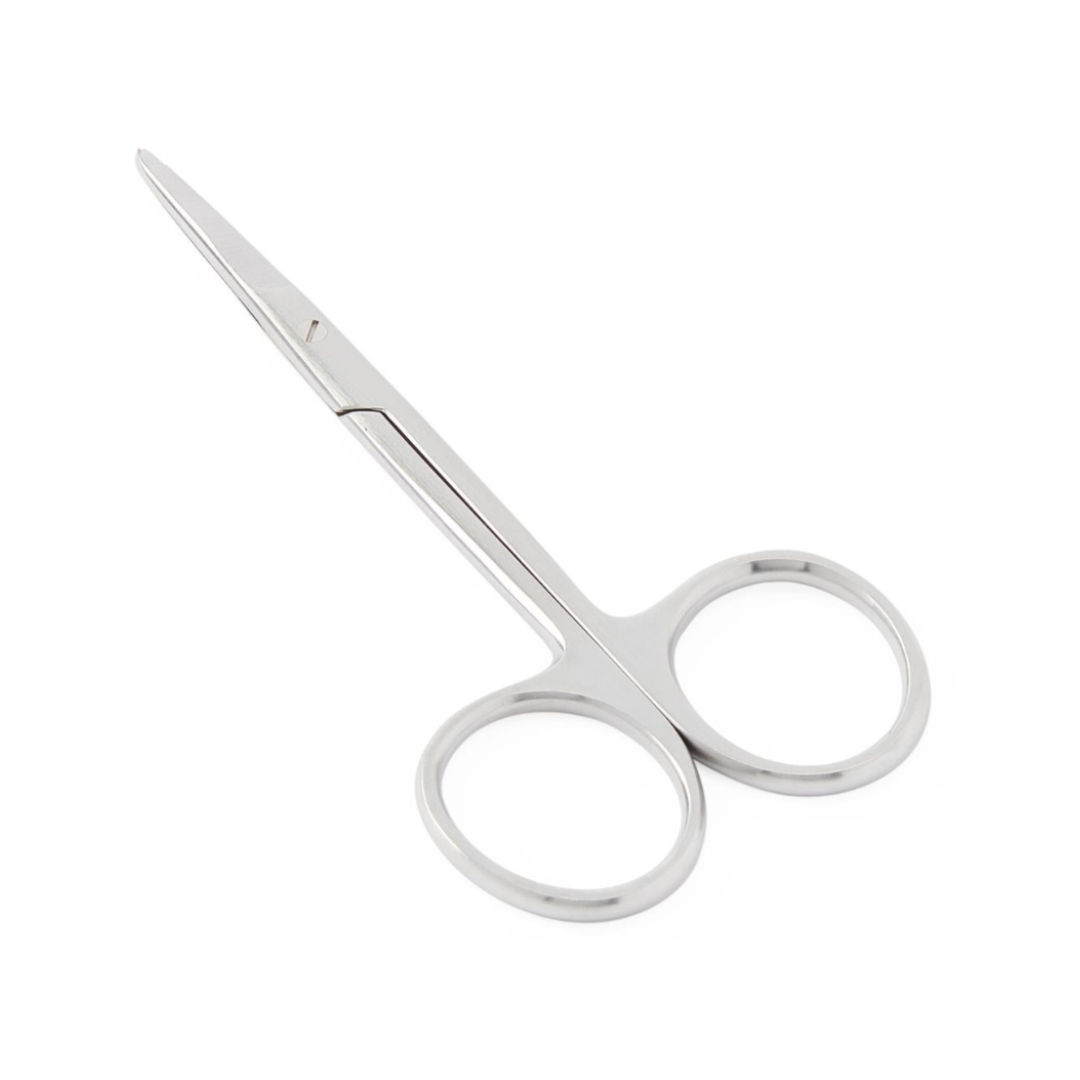 Medline Fürst Spencer Suture Scissors—small stainless steel scissors with rounded finger holes and short, straight blades—are shown on a white background.
