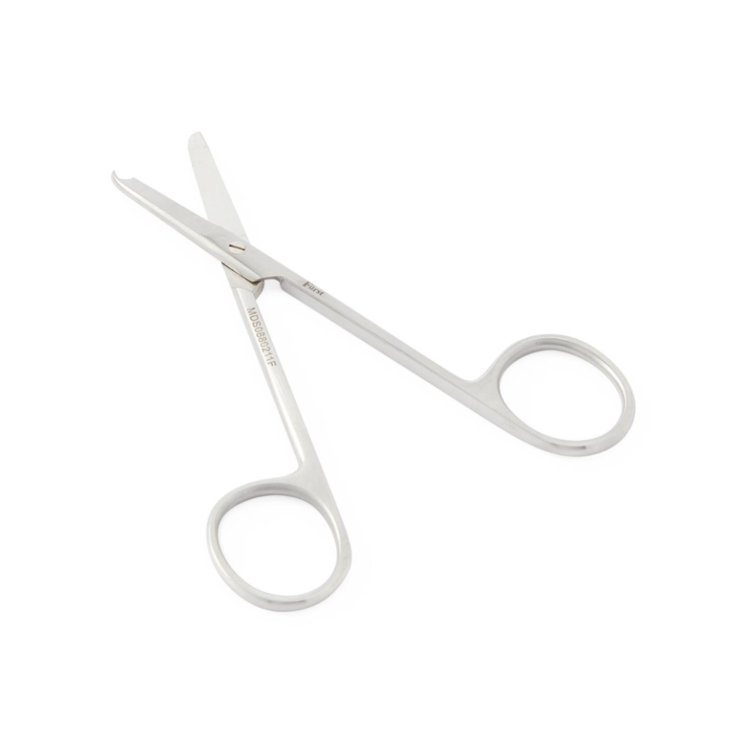 A pair of Medline Fürst Spencer Suture Scissors, crafted from stainless steel with blunt, curved tips and finger holes for precise stitch removal, is displayed on a white background.