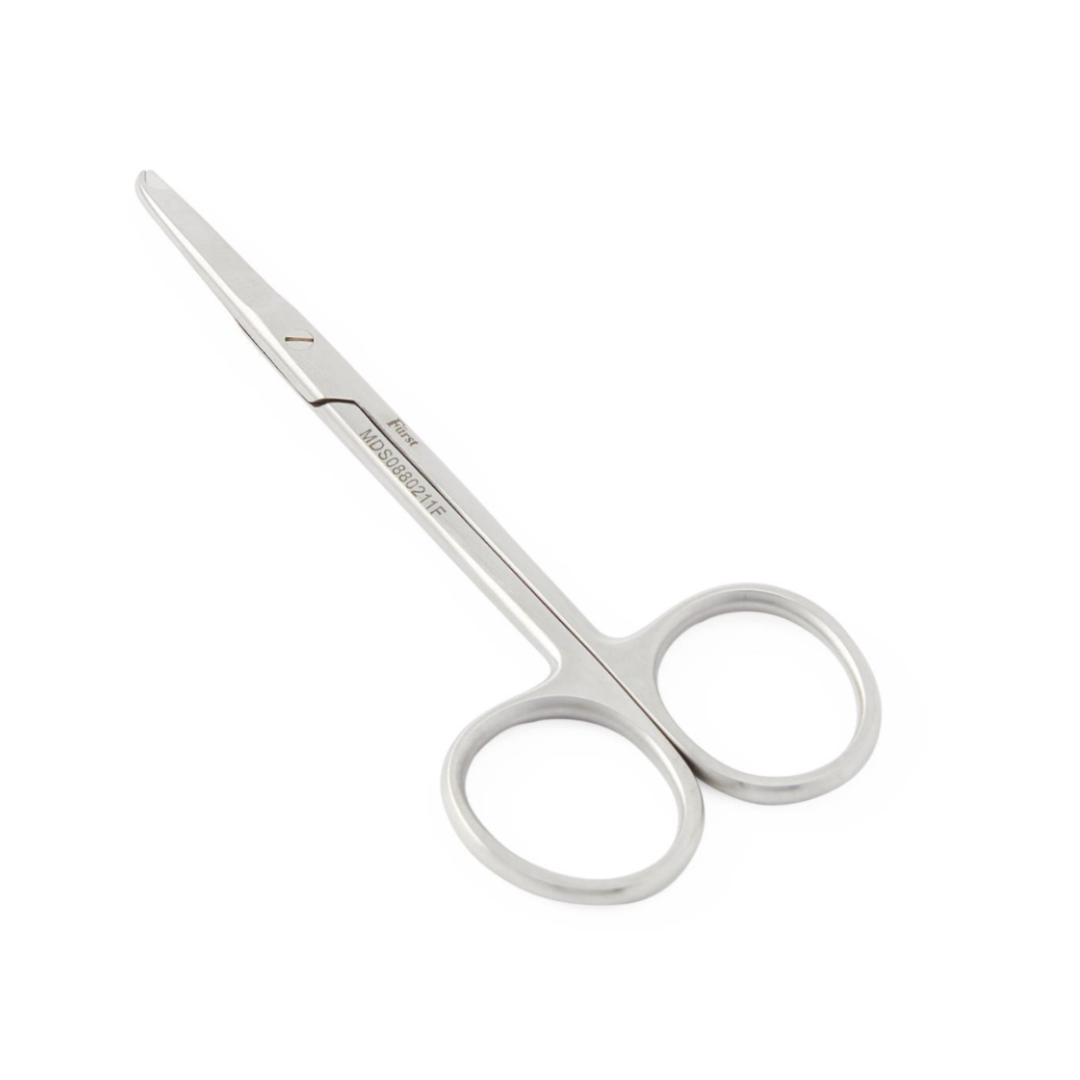 A pair of Medline Fürst Spencer Suture Scissors with rounded tips and two finger holes, typically used for surgical or first aid purposes, shown on a white background.