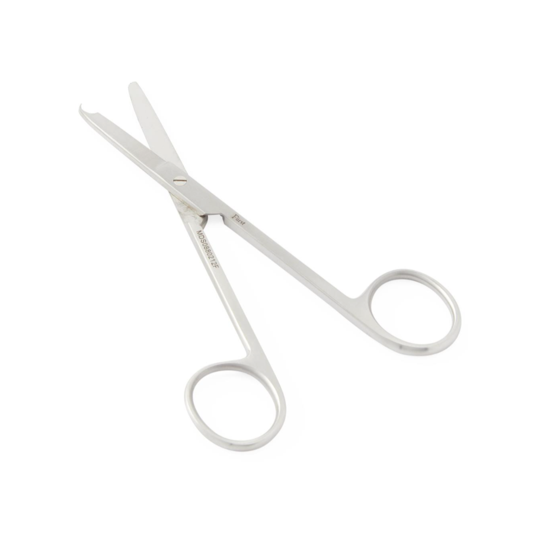 Medline Fürst Spencer Suture Scissors are stainless steel precision scissors with rounded tips and finger holes, designed for medical or first aid use—ideal for safe and efficient surgical stitch removal.