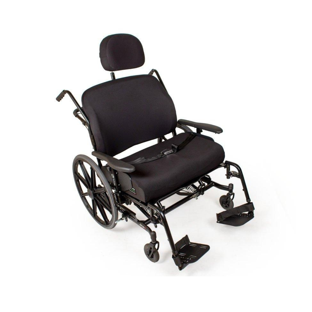 The Future Mobility Orion II 500 HD Tilting Wheelchair is black with a padded seat, backrest, headrest, large rear wheels, small front casters, footrests, and armrests. The wheelchair is shown angled on a white background.