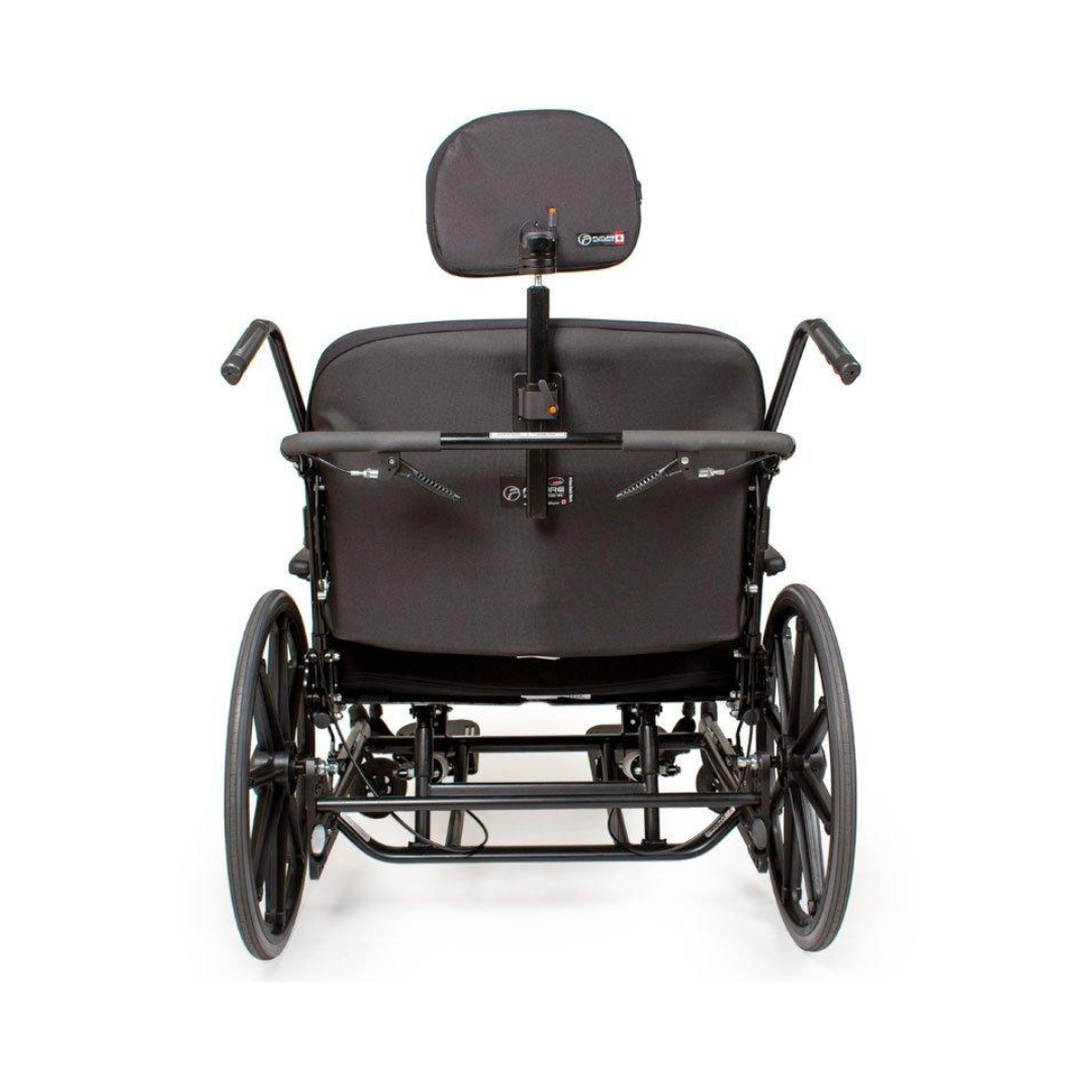 A rear view of a black Future Mobility Orion II 500 HD Tilting Wheelchair, designed for two people side by side, featuring two large wheels, dual handles, and a shared headrest.