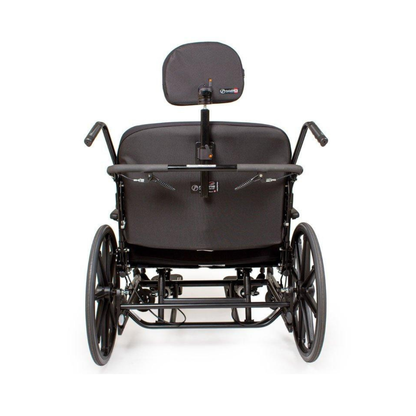 A rear view of a black Future Mobility Orion II 500 HD Tilting Wheelchair, designed for two people side by side, featuring two large wheels, dual handles, and a shared headrest.