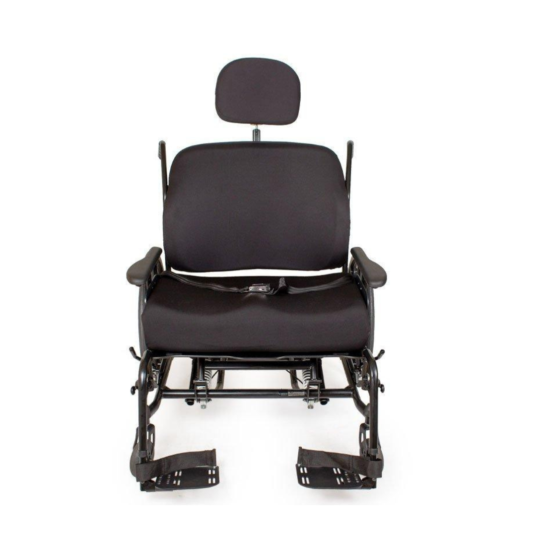 A black, padded Future Mobility Orion II 500 HD Tilting Wheelchair with headrest, armrests, safety belt, and footrests is shown from the front against a plain white background.
