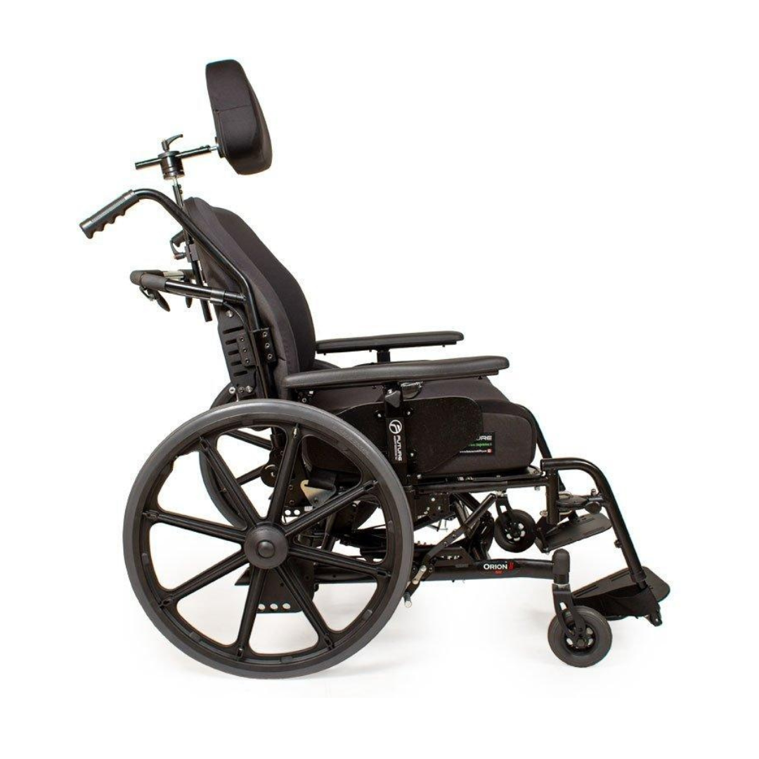 The Future Mobility Orion II 500 HD Tilting Wheelchair, shown in black from a side profile on a white background, features a cushioned seat, headrest, adjustable armrests, large rear wheels, and small front wheels.