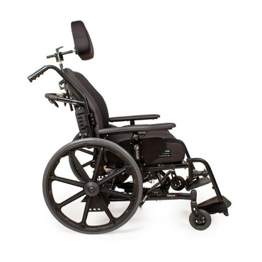 The Future Mobility Orion II 500 HD Tilting Wheelchair, shown in black from a side profile on a white background, features a cushioned seat, headrest, adjustable armrests, large rear wheels, and small front wheels.