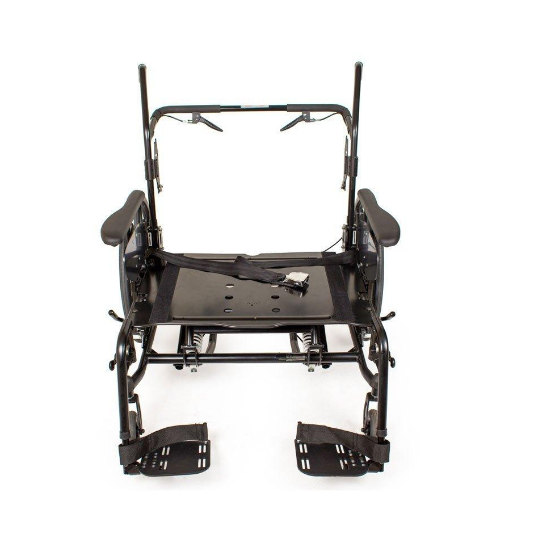 A front-facing black Future Mobility Orion II 500 HD Tilting Wheelchair frame, without wheels, features footrests, armrests, a seatbelt, and support bars—designed for tilt-in-space accessibility and enhanced mobility support.
