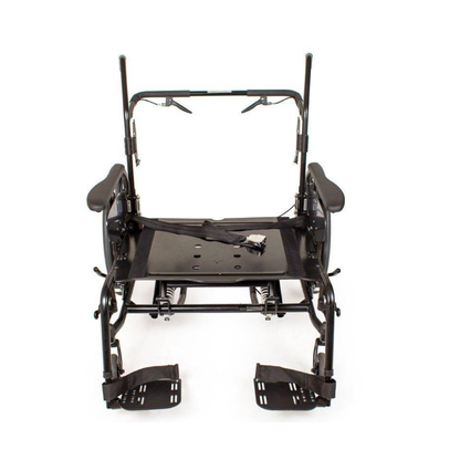 A front-facing black Future Mobility Orion II 500 HD Tilting Wheelchair frame, without wheels, features footrests, armrests, a seatbelt, and support bars—designed for tilt-in-space accessibility and enhanced mobility support.