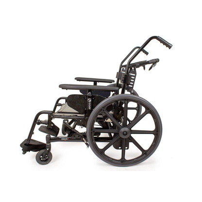 A black manual Future Mobility Orion II 500 HD Tilting Wheelchair with large rear wheels, small front casters, and armrests is shown in profile against a white background.
