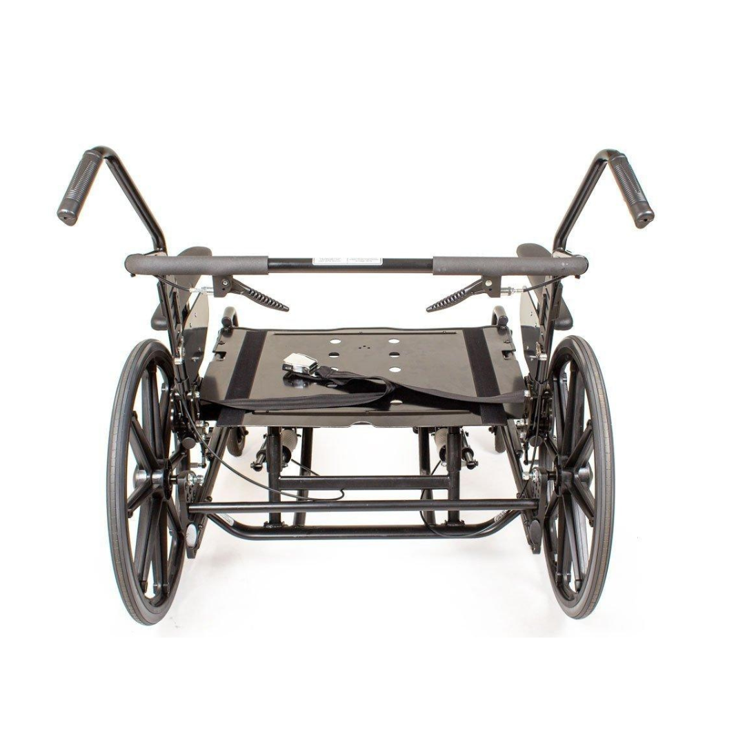 A black manual Future Mobility Orion II 500 HD Tilting Wheelchair frame without seat or backrest is shown from the front, displaying large rear wheels, hand rims, push handles, and footrest supports on a white background.