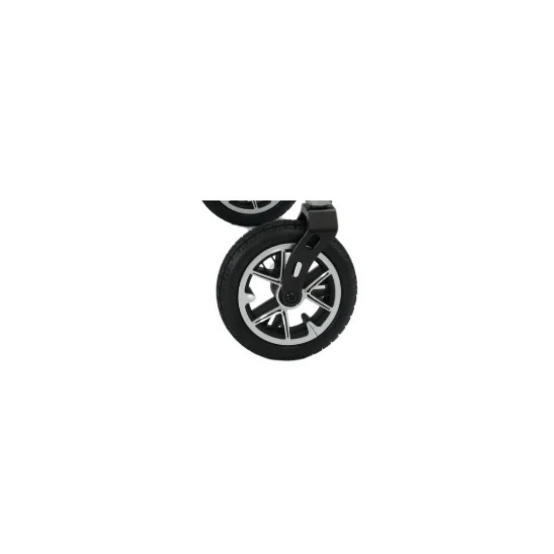 Close-up of two black stroller wheels with silver spokes against a white background—Replacement Parts for Forcemech G10 Powerchair.