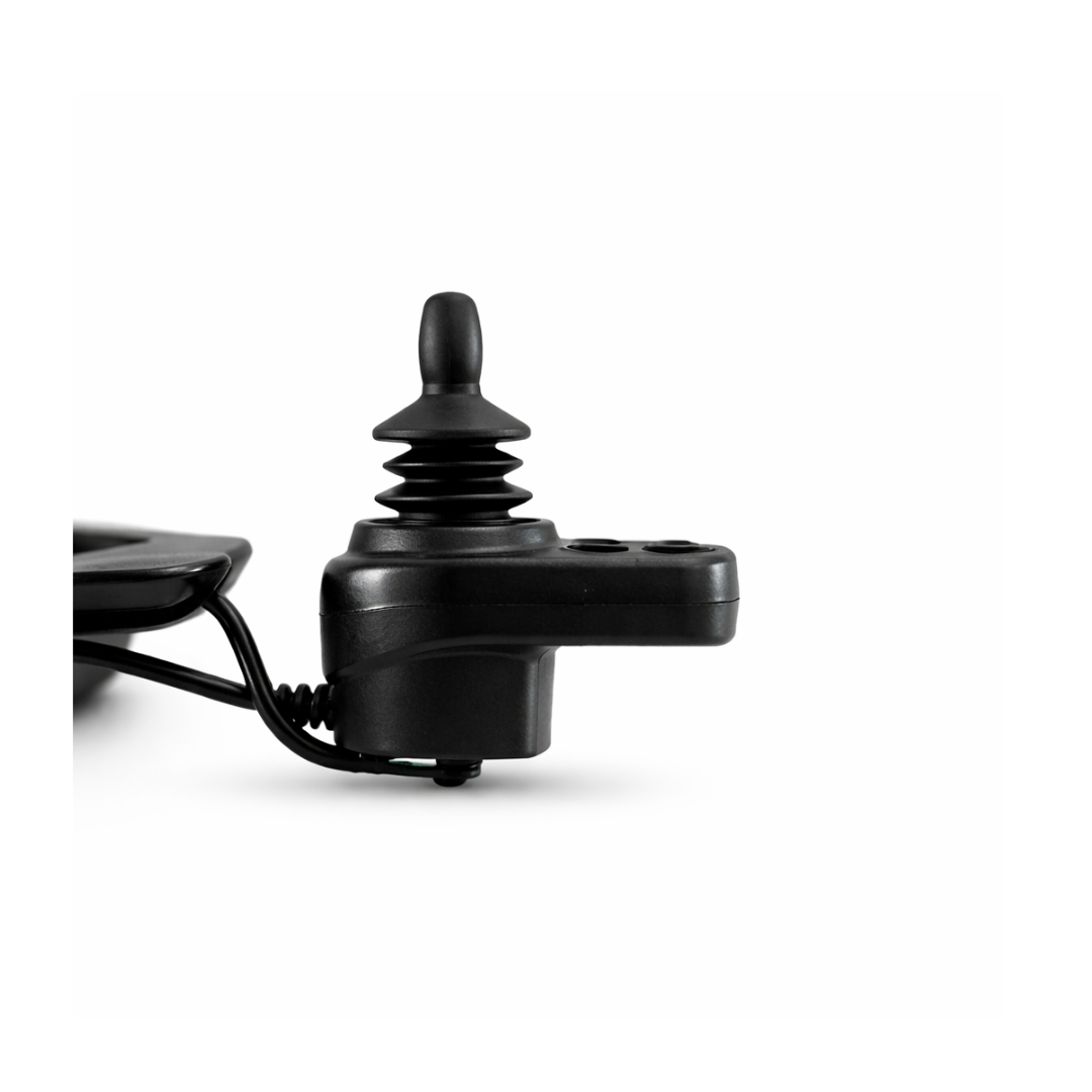 Close-up of a black joystick controller with buttons and cord against a white background—perfect as Replacement Parts For Forcemech G10 Powerchair.
