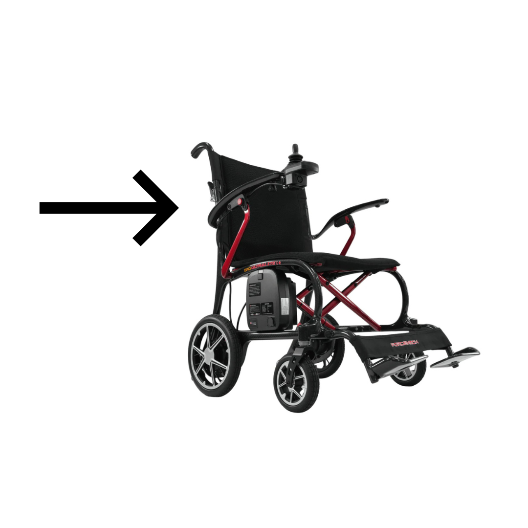 Replacement Parts For Forcemech G10 Powerchair—includes black and red components like large rear wheels, footrest, joystick control, and left armrest—ideal for anyone needing G10 powerchair accessories.