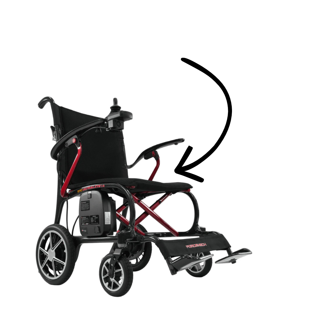 A wheelchair featuring a black and red frame, compatible with Replacement Parts For Forcemech G10 Powerchair and other powerchair accessories.