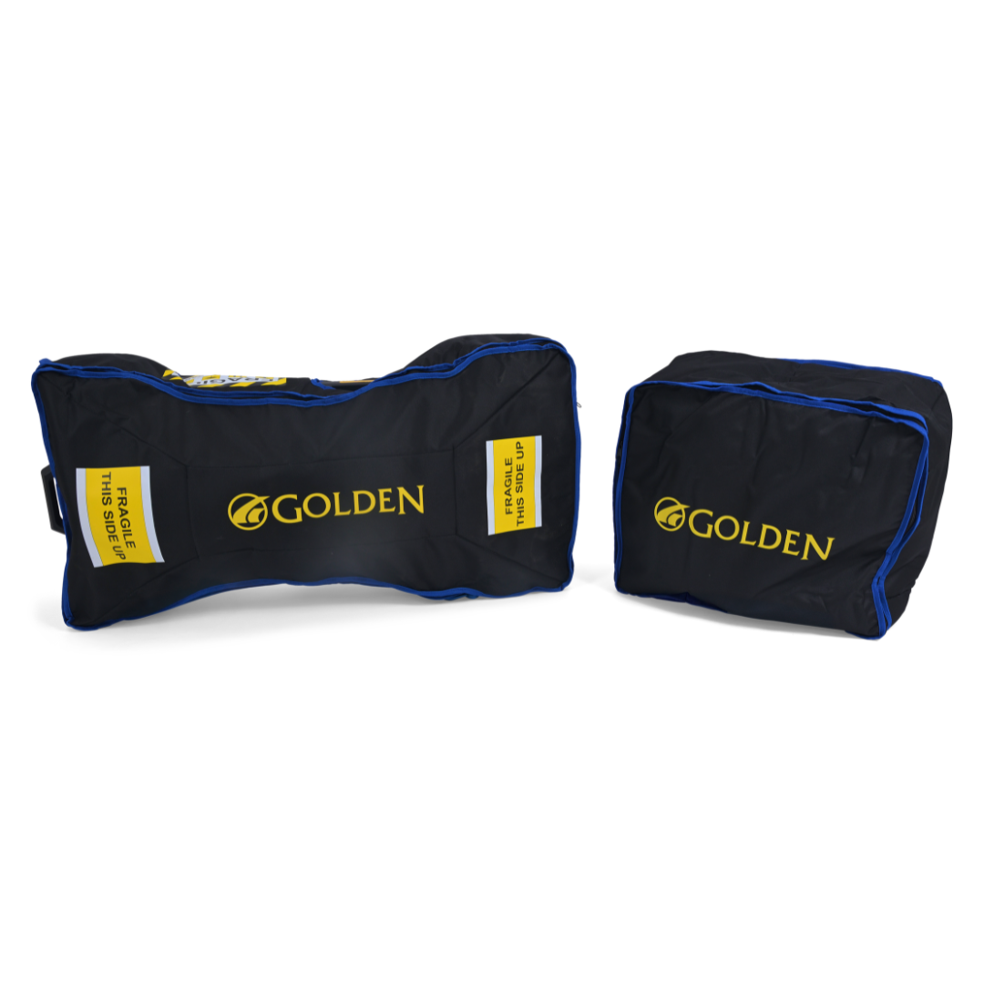 Two black and blue soft-sided Protective Travel Bags for the Golden GB220 Buzzaround Carry-On Scooter, featuring yellow logos and labels; one is rectangular, the other has a contoured shape.