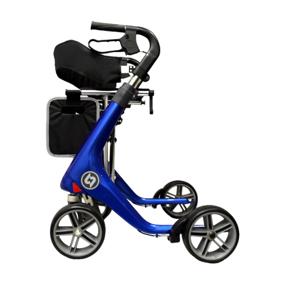 The GIO Nimbus Lightweight HD Folding All-Terrain Rollator is shown from the side against a white background, featuring four wheels, adjustable height handles, ergonomic handlebars, a black seat, and a storage pouch.