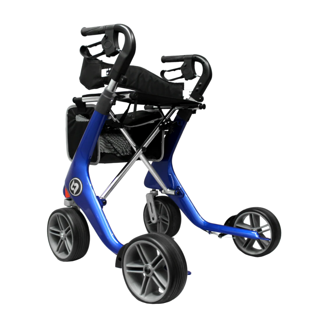 The GIO Nimbus Lightweight HD Folding All-Terrain Rollator features a modern blue carbon fiber frame, four large wheels, ergonomic adjustable-height handles, a padded seat, and a mesh storage basket against a white background.