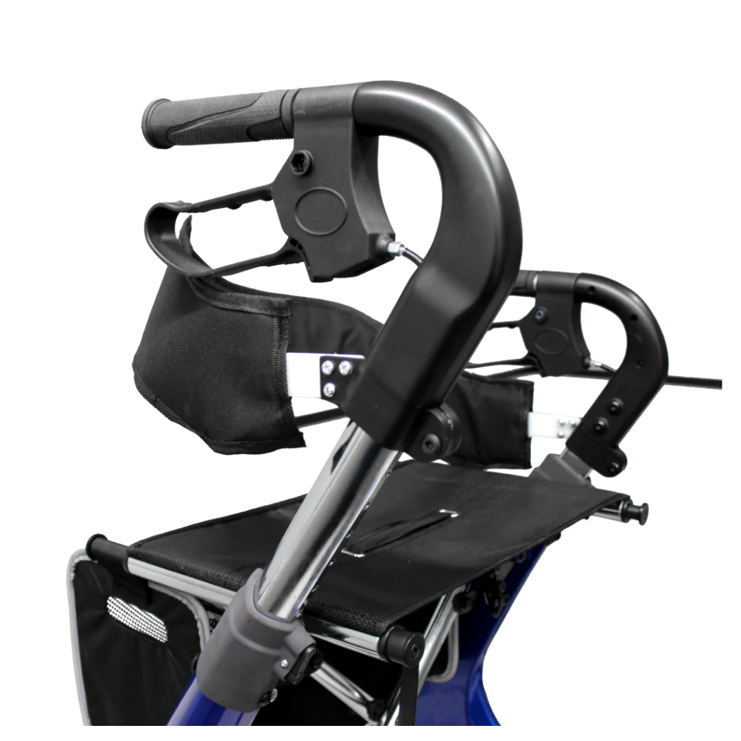 Close-up of the handle and seat area of the GIO Nimbus Lightweight HD Folding All-Terrain Rollator, showing adjustable height handles, a fabric seat, and sturdy metal frame against a plain white background.