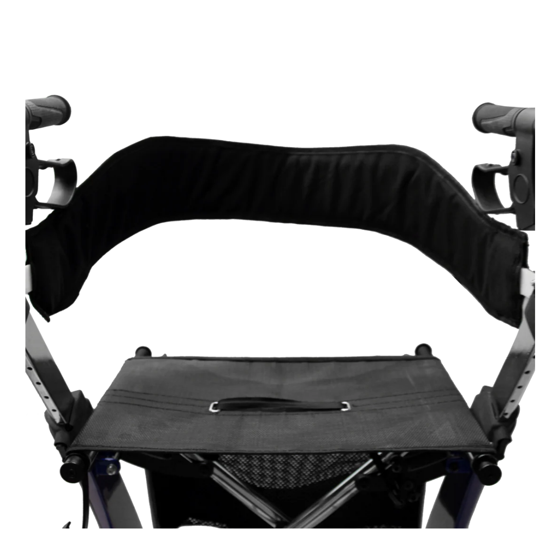 A close-up of the GIO Nimbus Lightweight HD Folding All-Terrain Rollator shows its black seat, backrest, adjustable height handles, and sturdy heavy-duty frame against a white background.