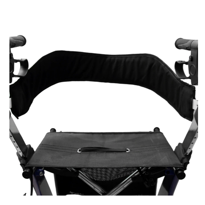 A close-up of the GIO Nimbus Lightweight HD Folding All-Terrain Rollator shows its black seat, backrest, adjustable height handles, and sturdy heavy-duty frame against a white background.