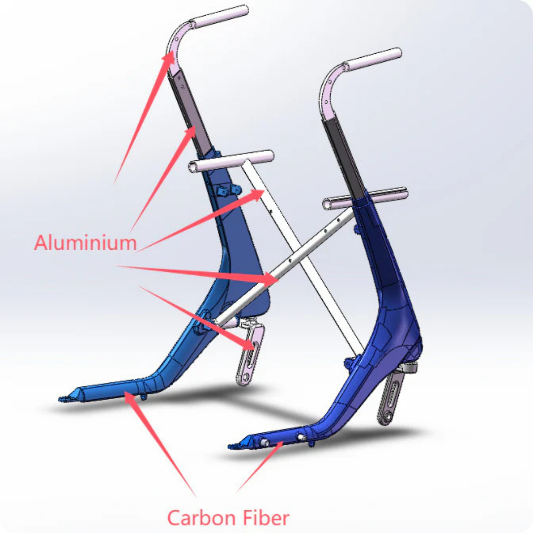 A 3D-rendered image of the GIO Nimbus Lightweight HD Folding All-Terrain Rollator highlights its carbon fiber frame and aluminum parts, with red arrows and labels indicating materials used on various sections, including adjustable height handles for comfort.