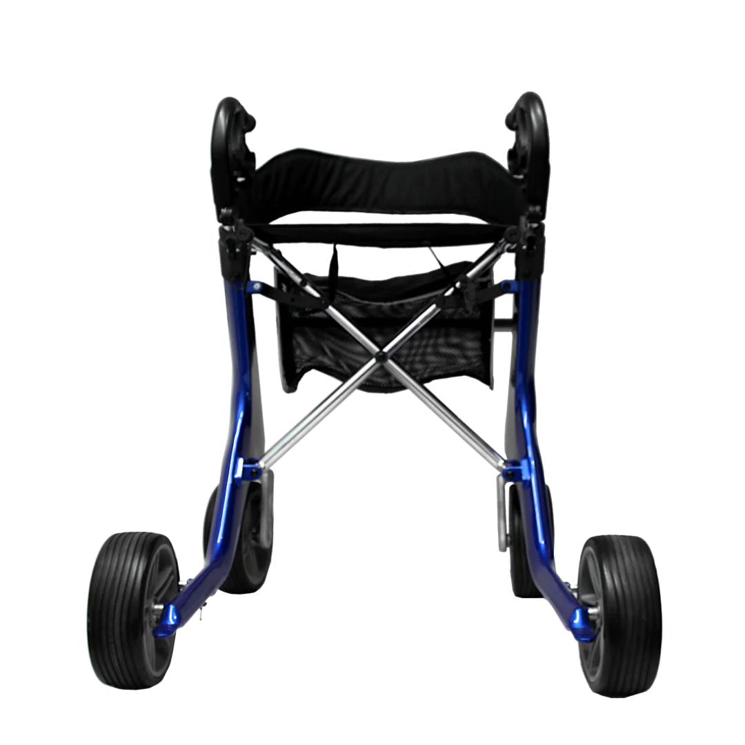 A front view of the GIO Nimbus Lightweight HD Folding All-Terrain Rollator in blue and black, featuring adjustable height handles, a seat, basket, and large wheels, displayed on a white background.