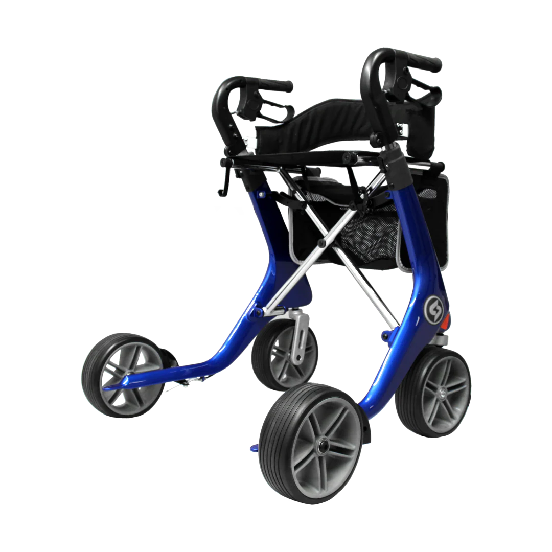 The GIO Nimbus Lightweight HD Folding All-Terrain Rollator features four wheels, adjustable-height handles, a black seat, handlebars, a storage pouch underneath, and a lightweight frame for mobility assistance.