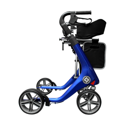 The GIO Nimbus Lightweight HD Folding All-Terrain Rollator, shown from the side on a white background, features a modern blue frame, four large wheels, a black storage pouch, and ergonomic height-adjustable handles.